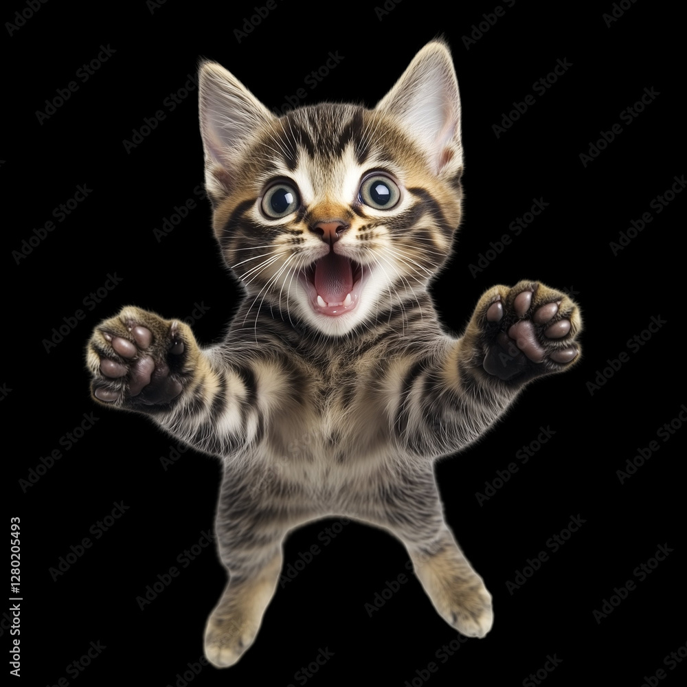Fototapeta premium little cat in mid-jump surprising face, exuding energy and liveliness. The illustration showcases the agile movements of the cat, with its body gracefully on transparent background.