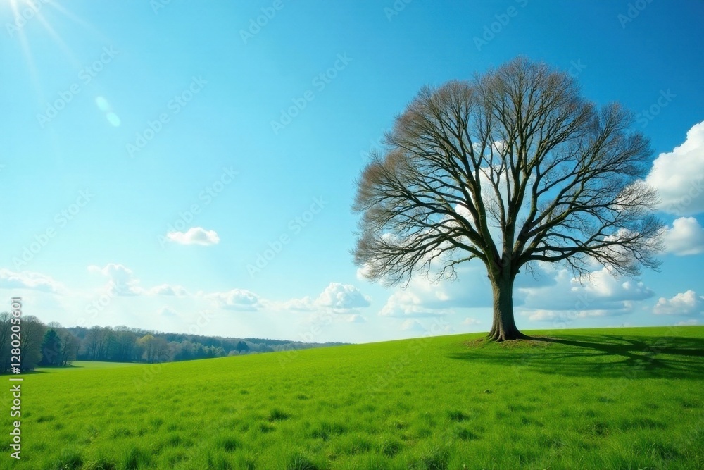 Fototapeta premium Serene Landscape Featuring a Solitary Tree on a Verdant Hill Under a Bright, Sunny Sky