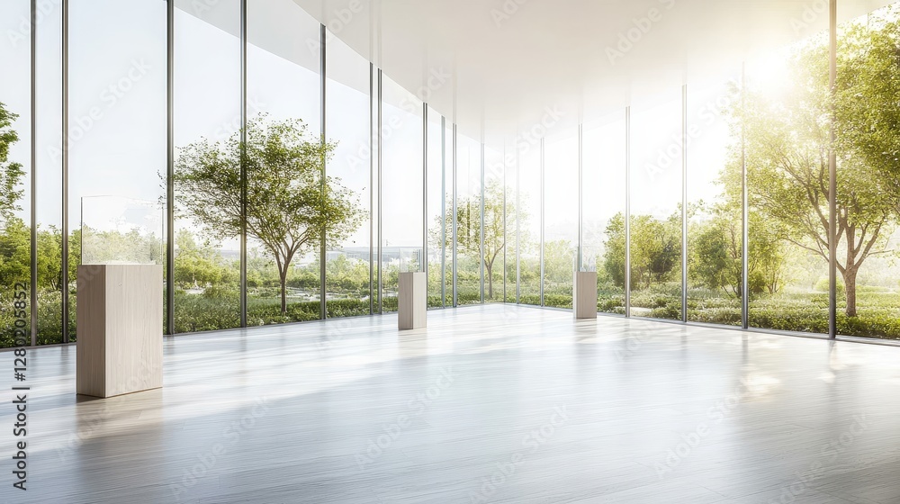 Modern Bright Gallery Space with Large Windows and Greenery Modern Bright Gallery Space with Large Windows and Greenery