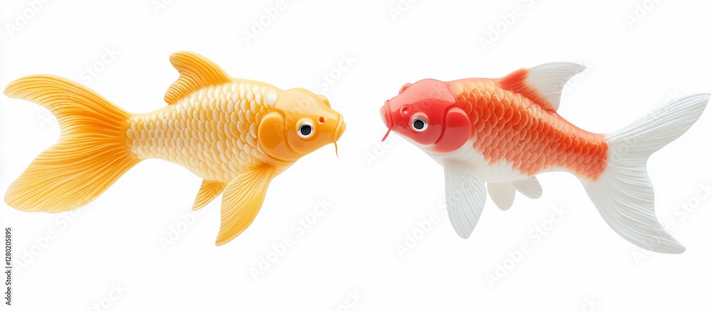 Fototapeta premium Two Koi fish facing, isolated white background, studio shot, decorative use