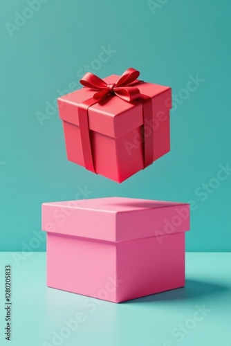 Floating red gift box over empty pink box, surreal scene, background, empty