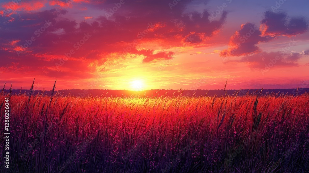 Fototapeta premium Vibrant sunset over a field of wildflowers