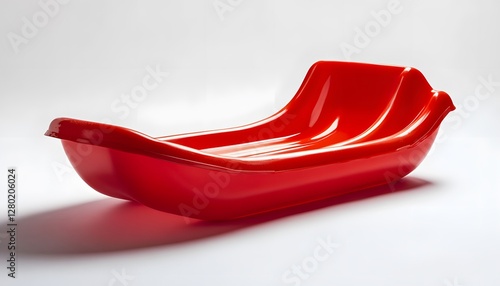 Shiny red plastic toboggan sits on white studio backdrop