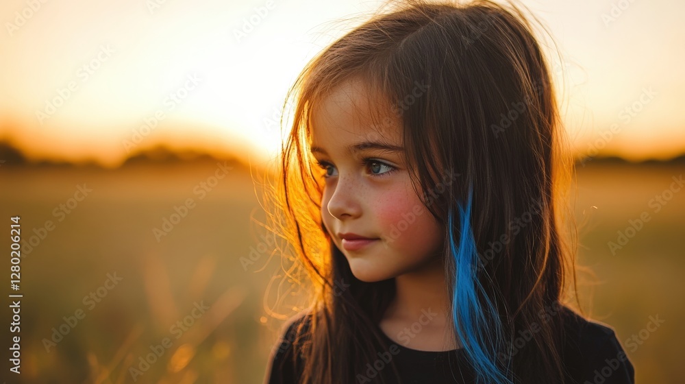 Fototapeta premium A young girl with blue hair and freckles gazing into the distance
