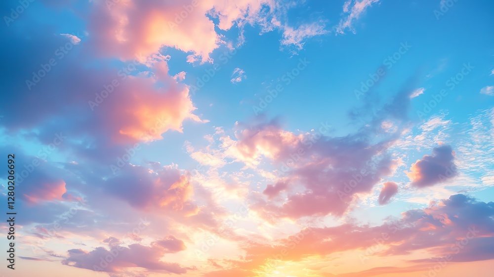 Golden hour sky with a brilliant blue backdrop, delicate pink and orange clouds reflecting warm sunset hues, ultraHD, dreamy and tranquil Golden hour sky with a brilliant blue backdrop, delicate pink and orange clouds reflecting warm sunset hues, ultraHD, dreamy and tranquil