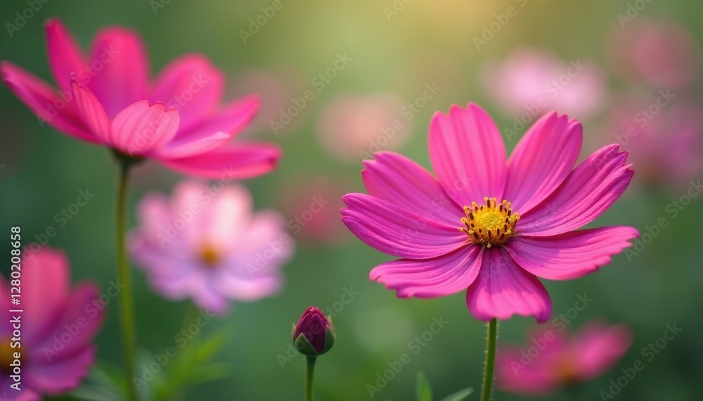 Cosmos flowers in full bloom, daisy-like petals, soft focus background, colorful, botanical Cosmos flowers in full bloom, daisy-like petals, soft focus background, colorful, botanical