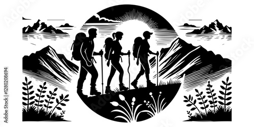 Black and White Mountain Hiking Adventure Illustration