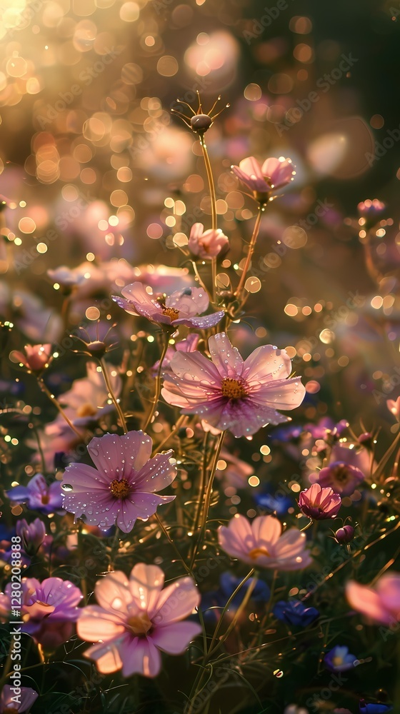 Digital technology green garden dewdrop flowers poster background