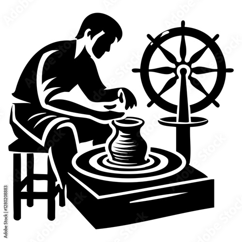 Silhouette of a Potter Shaping Clay on a Wheel