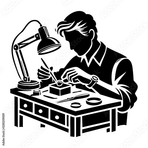 Silhouette of a Jeweler Crafting a Ring at Workbench