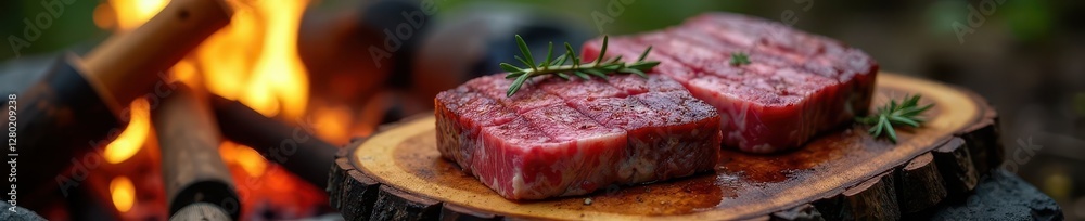Juicy tomahawk and ribeye steaks resting on a rustic wooden board near campfire embers , flavor, golden, embers Juicy tomahawk and ribeye steaks resting on a rustic wooden board near campfire embers , flavor, golden, embers
