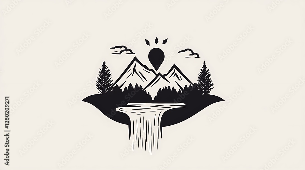 Naklejka premium Monochrome Hand-Drawn Illustration: Mountain Lake and Waterfall at Sunrise AI Generated