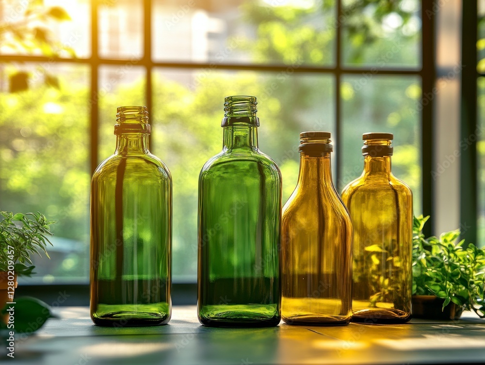 Realistic Glass Bottles in Natural Light with Greenery on a Table Near a Window Realistic Glass Bottles in Natural Light with Greenery on a Table Near a Window