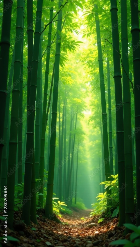 Serene green bamboo stalks, sunlight dappled, deep forest, photo, zen, background Serene green bamboo stalks, sunlight dappled, deep forest, photo, zen, background