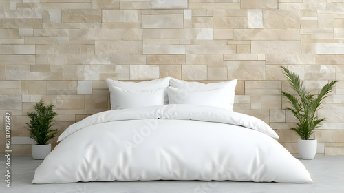 Modern bedroom, stone wall, plants, white bedding, minimalist design, interior design mockup