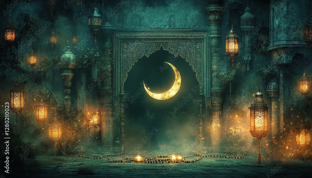 Crescent Moon Gate at Night with Glowing Lanterns Crescent Moon Gate at Night with Glowing Lanterns