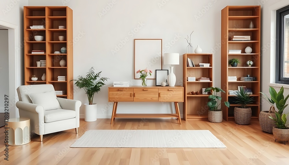 Fototapeta premium Modern cozy living room with wooden bookshelves, stylish armchair, indoor plants, and minimalist decor, perfect for a peaceful reading corner.