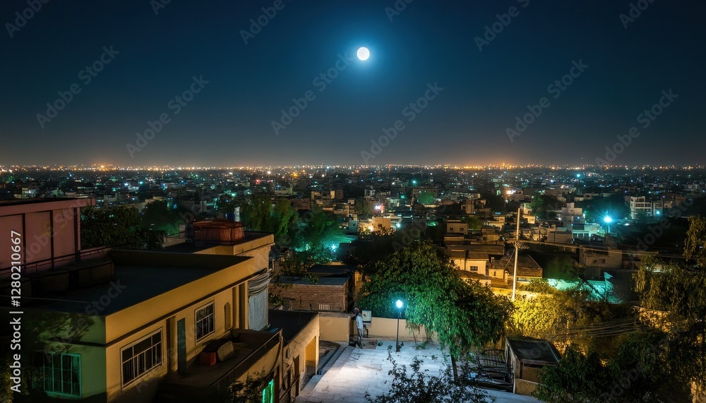 Fototapeta premium Elevated Night View of City with Full Moon