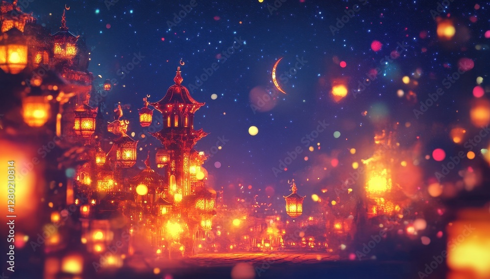 Fototapeta premium Enchanted Night Cityscape with Glowing Lanterns and Starry Sky