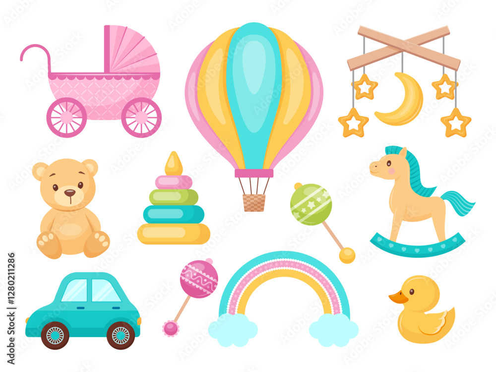 Naklejka premium Cute and colorful vector illustrations of various baby items, including a stroller, hot air balloon, mobile, teddy bear, pyramid toy, rocking horse, rattle, rainbow, duck, and car. 