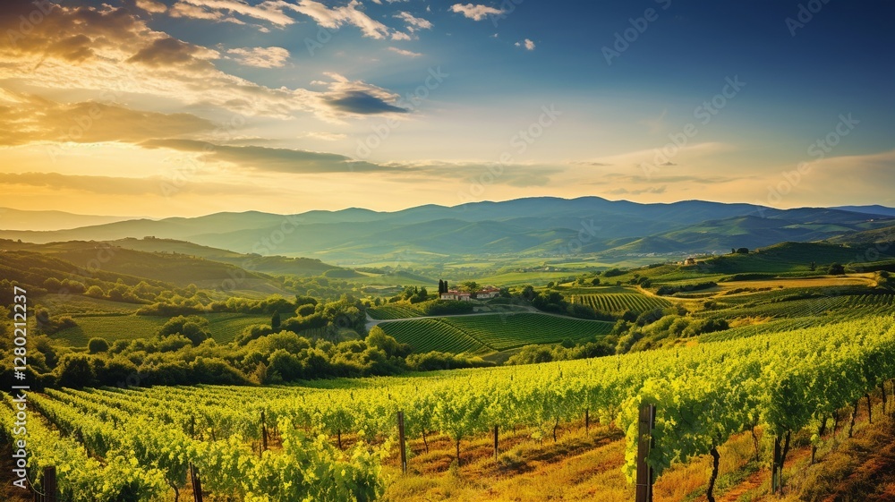 Naklejka premium Tuscan sunset painting the rolling hills with vibrant green vineyards, bathed in warm golden light and a tranquil, peaceful atmosphere.