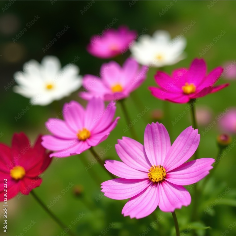Vibrant cosmos flowers bloom in a sunny garden , nature, blossom Vibrant cosmos flowers bloom in a sunny garden , nature, blossom