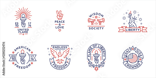 American and USA state logos, labels, icons. A set of 8 American independence logotypes. Flag, stripes and stars, map, USA, eagle. Ideal for branding celebrations, tourist sites. Vector illustration