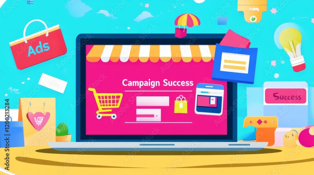 Digital Shopping Campaign Success on Laptop Screen with Ads Digital Shopping Campaign Success on Laptop Screen with Ads