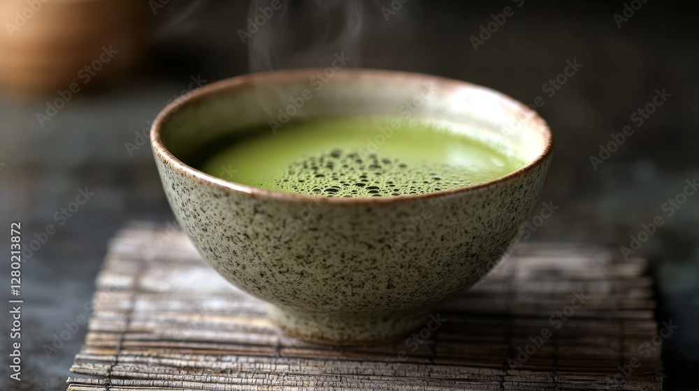 Steaming Cup of Vibrant Emerald Green Matcha Tea in Rustic Bowl Steaming Cup of Vibrant Emerald Green Matcha Tea in Rustic Bowl