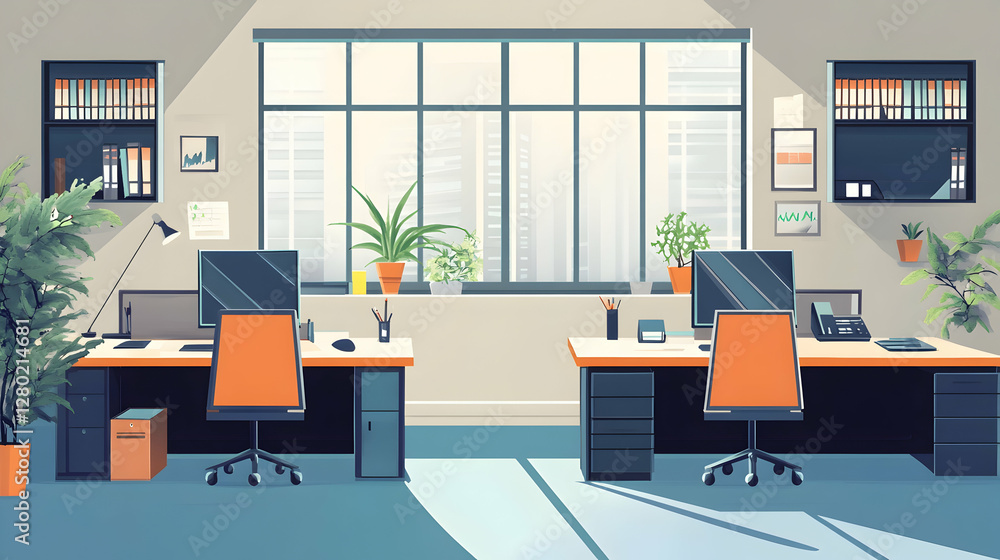 Fototapeta premium Modern office interior with two desks and computers. AI generate image
