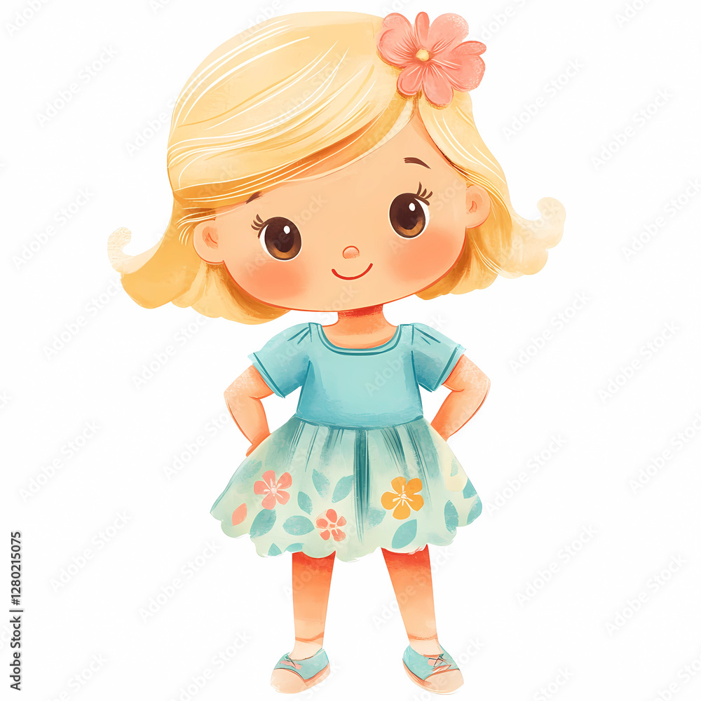 A cartoon girl with a flower in her hair and a blue dress A cartoon girl with a flower in her hair and a blue dress