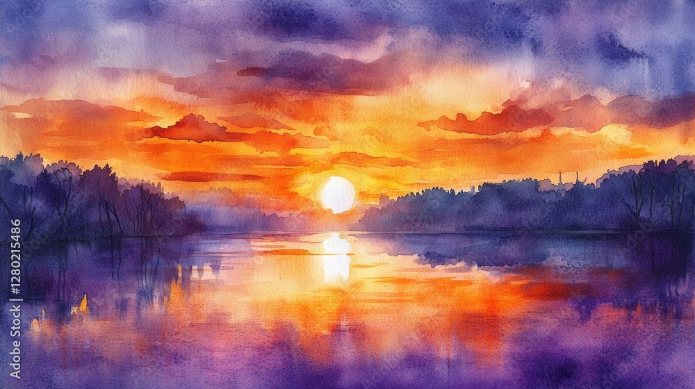 Vibrant Watercolor Sunset Over Calm Water Reflection Canvas Vibrant Watercolor Sunset Over Calm Water Reflection Canvas