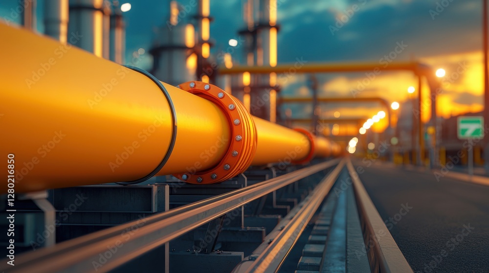 Sustainable water management concept. Industrial pipeline under a dramatic sunset sky, showcasing vibrant yellow and orange hues. Sustainable water management concept. Industrial pipeline under a dramatic sunset sky, showcasing vibrant yellow and orange hues.