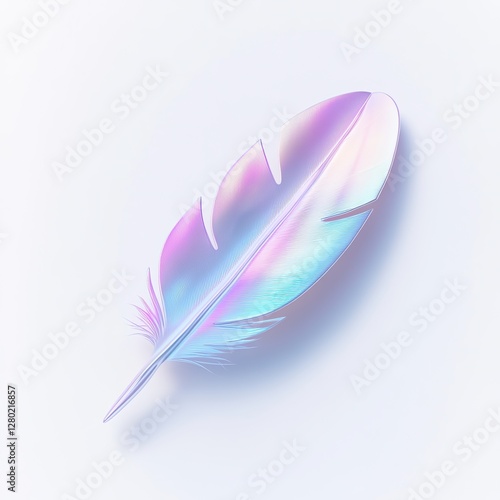3D Render of Pastel Iridescent Holographic Feather Icon on White Background, Minimalistic Design, Sharp Edges, No Shadows, No Gradient, No Text, Isolated Clean Background

