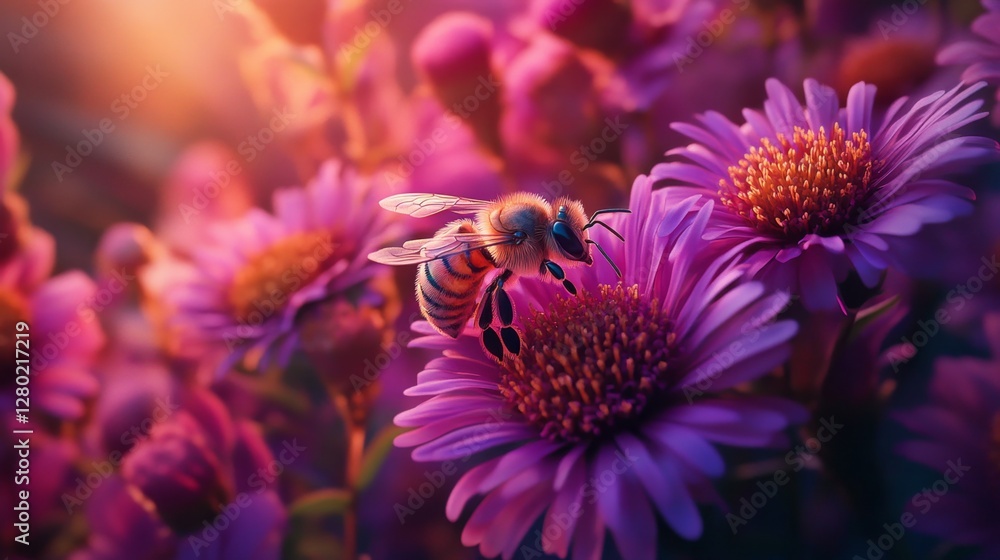 Obraz premium Western Honey Bee Pollinating Vibrant Flowers in a Garden Setting