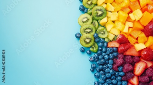 Wallpaper Mural Healthy fruits and vegetables on blue background with copy space. Colorful fruits Torontodigital.ca