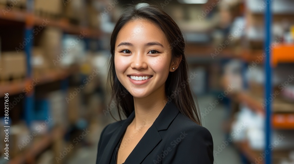 Portrait of a Happy Young Entrepreneur Woman in a Warehouse Setting Portrait of a Happy Young Entrepreneur Woman in a Warehouse Setting