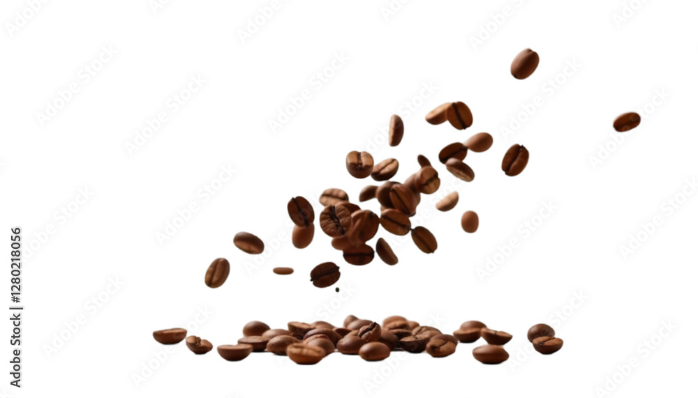A collection of scattered coffee beans falling down on a clean white background in close-up
A collection of scattered coffee beans falling down on a clean white background in close-up