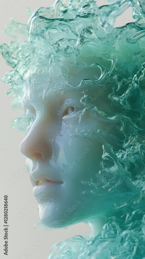 Realistic Resin Sculpture of a Human Face with Fluid Green Elements and Intricate Textures Realistic Resin Sculpture of a Human Face with Fluid Green Elements and Intricate Textures