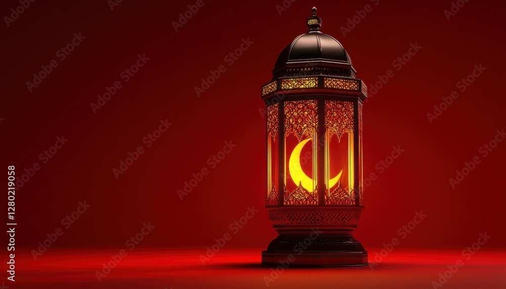 Ornate Metal Lantern with Crescent Moon Glowing on Red Background Ornate Metal Lantern with Crescent Moon Glowing on Red Background
