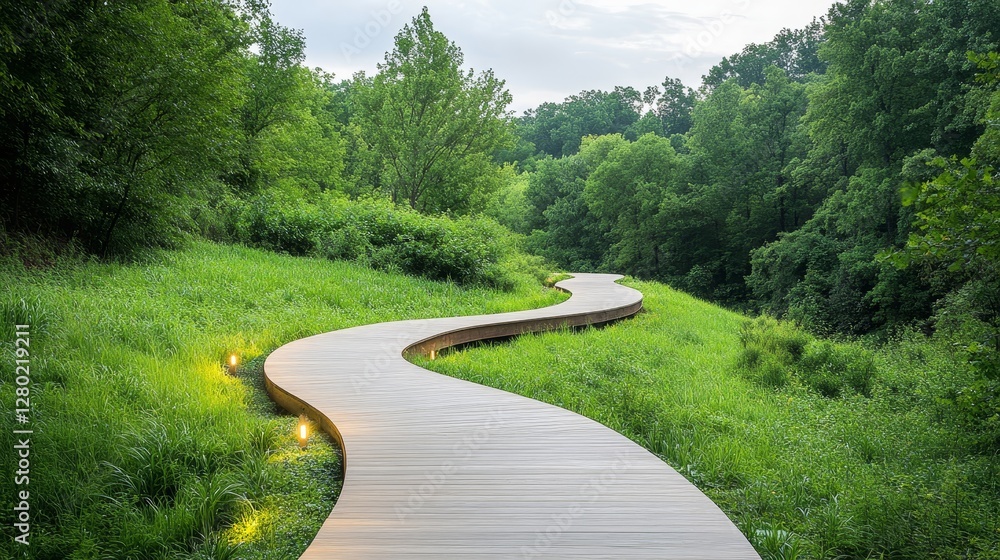 Serene Curved Boardwalk Pathway Through Lush Green Woodland Landscape Serene Curved Boardwalk Pathway Through Lush Green Woodland Landscape