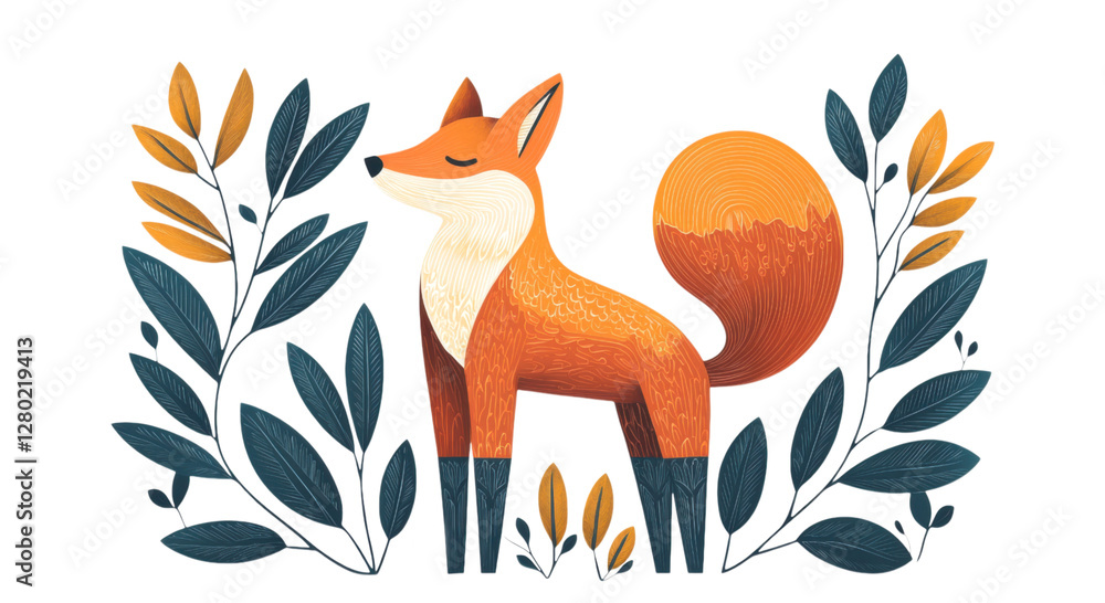 Obraz premium Stylized fox surrounded by foliage isolated transparent background