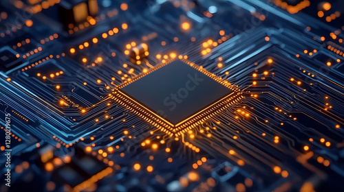 Macro Shot of Circuit Board with Glowing Chip