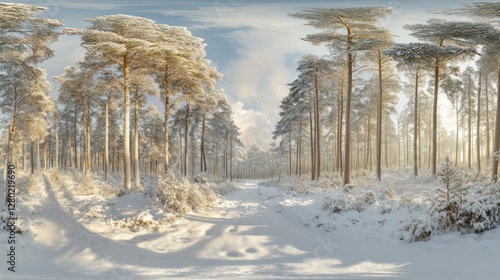 Serene Snowy winter landscape in a pinery forest after Cyclone Lars showcasing the beauty of nature's resilience