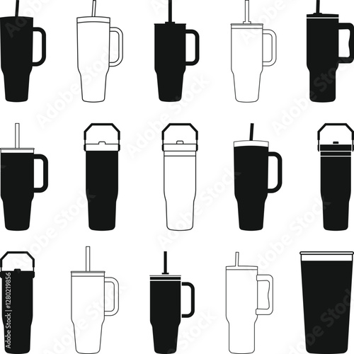 Tumbler Mugs and Cups Set Silhouette, 40 Oz Tumbler Design SVG, Inspired by Stanley Quencher Cup Tumblers Illustration
