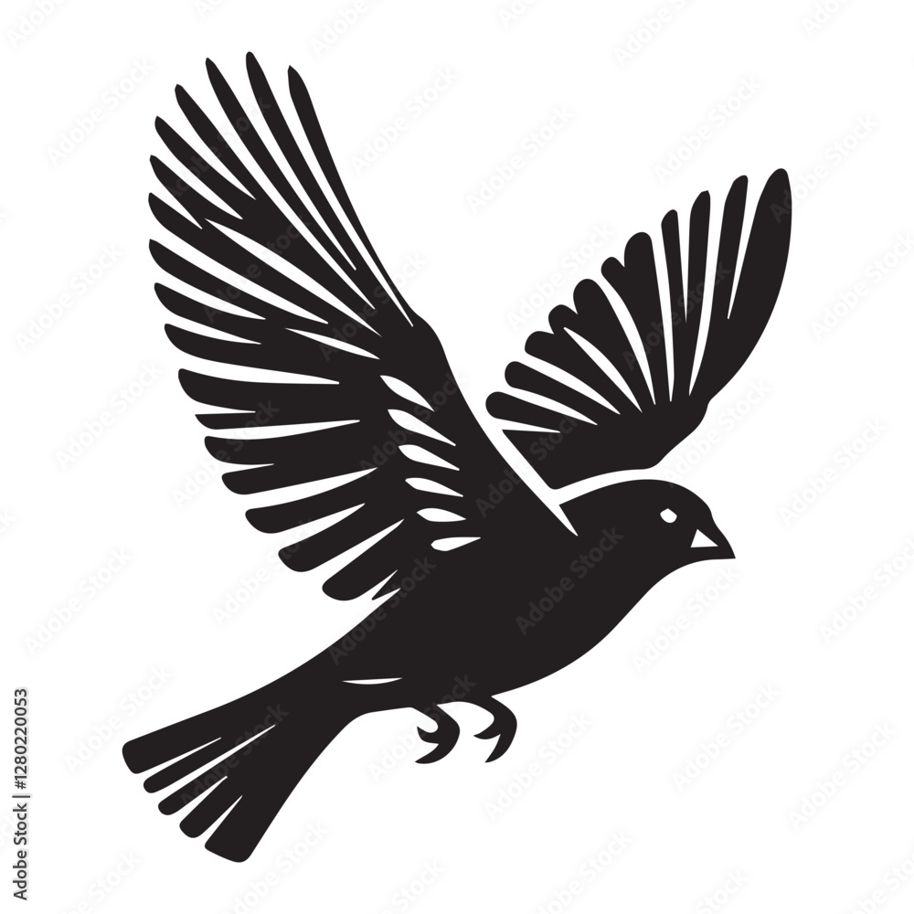 Obraz premium A minimalist, beautiful linocut illustration of a flying Grosbeak bird in silhouette. This black vector artwork captures the elegant form and graceful movement of the bird.