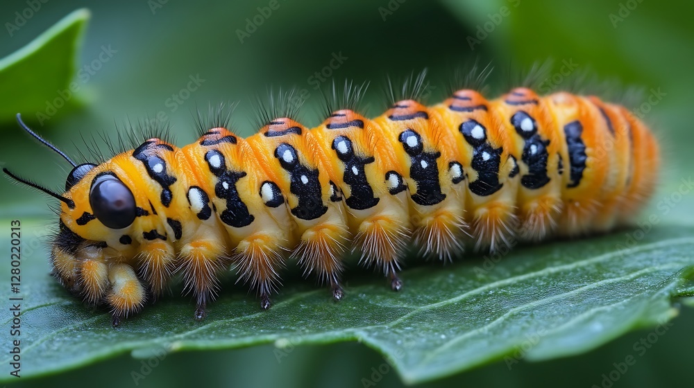 Colorful caterpillar on leaf, macro view, garden setting Colorful caterpillar on leaf, macro view, garden setting