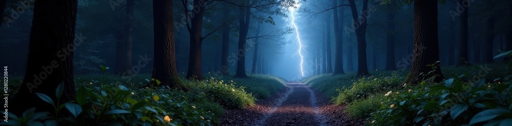Obraz premium Camera follows lightning illuminating dark forest path, electricity, woods, forest