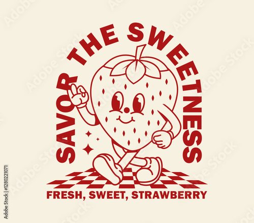 Retro cute strawberry cartoon character, vector illustration for poster, t-shirt, stickers, branding, and more. Perfect for vintage and nostalgic designs with a playful and cheerful vibe