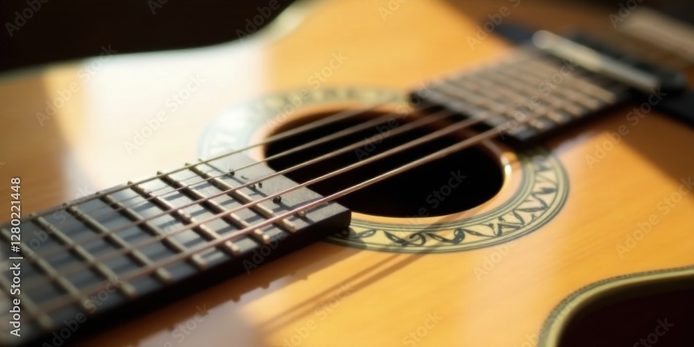 Fototapeta premium Close-up view of an acoustic guitar's fretboard and soundhole, bathed in warm sunlight